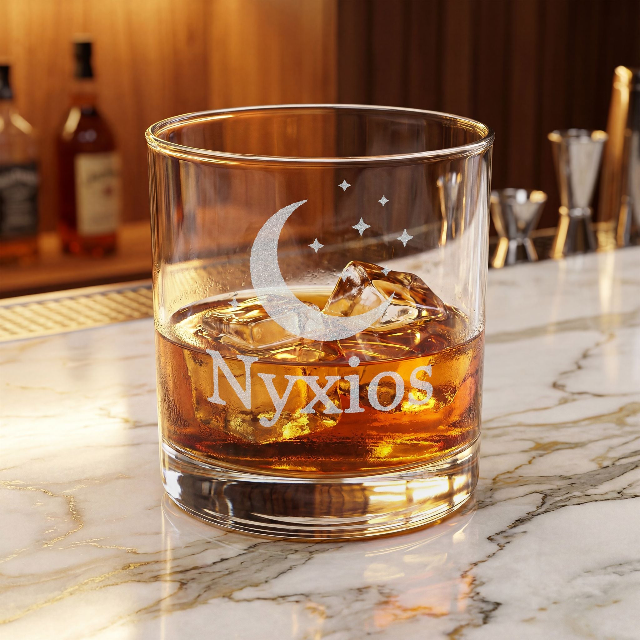 Engraved Moon & Stars Whiskey Glass — 10.5 oz Personalized Rocks Glass