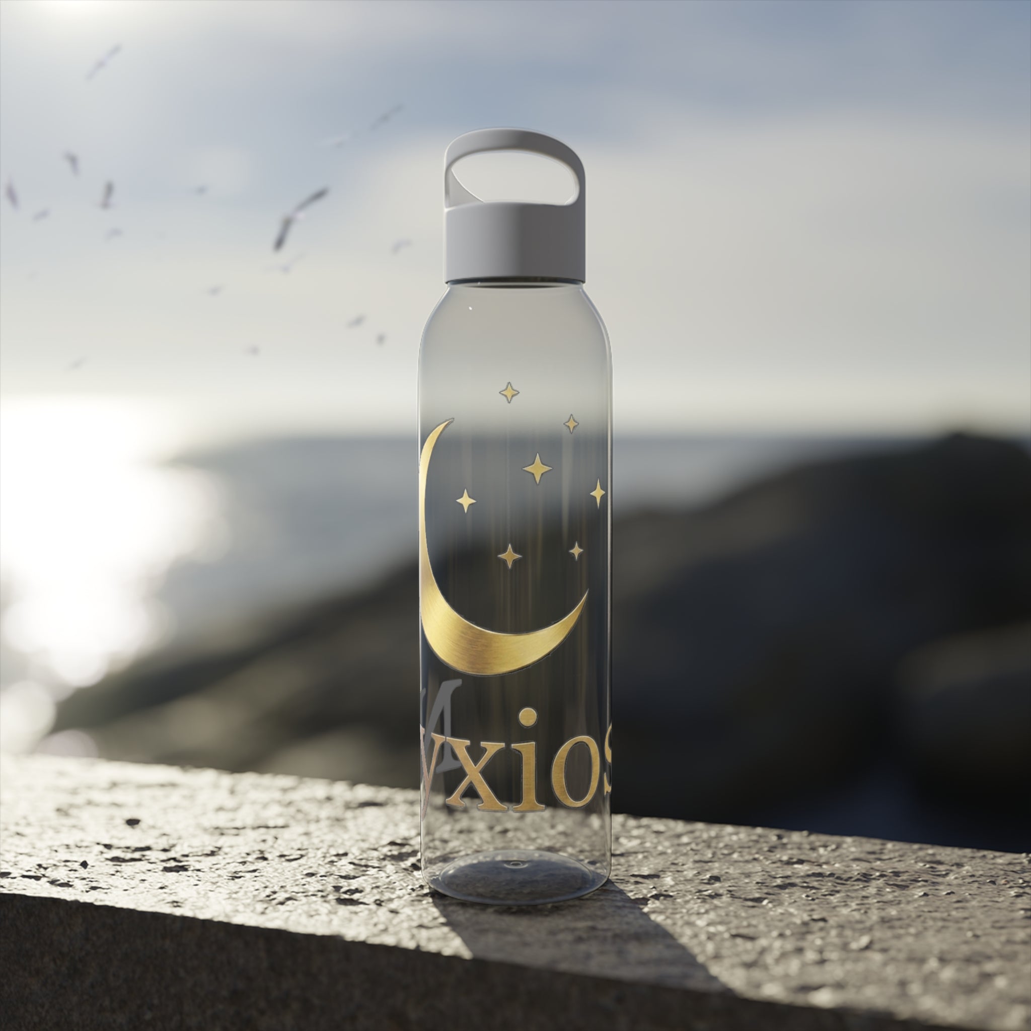 Celestial Moon Water Bottle — Gold Crescent Night Sky Design