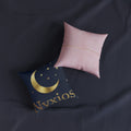Navy Moon & Stars Throw Pillow — Gold Crescent Accent on Pink Back